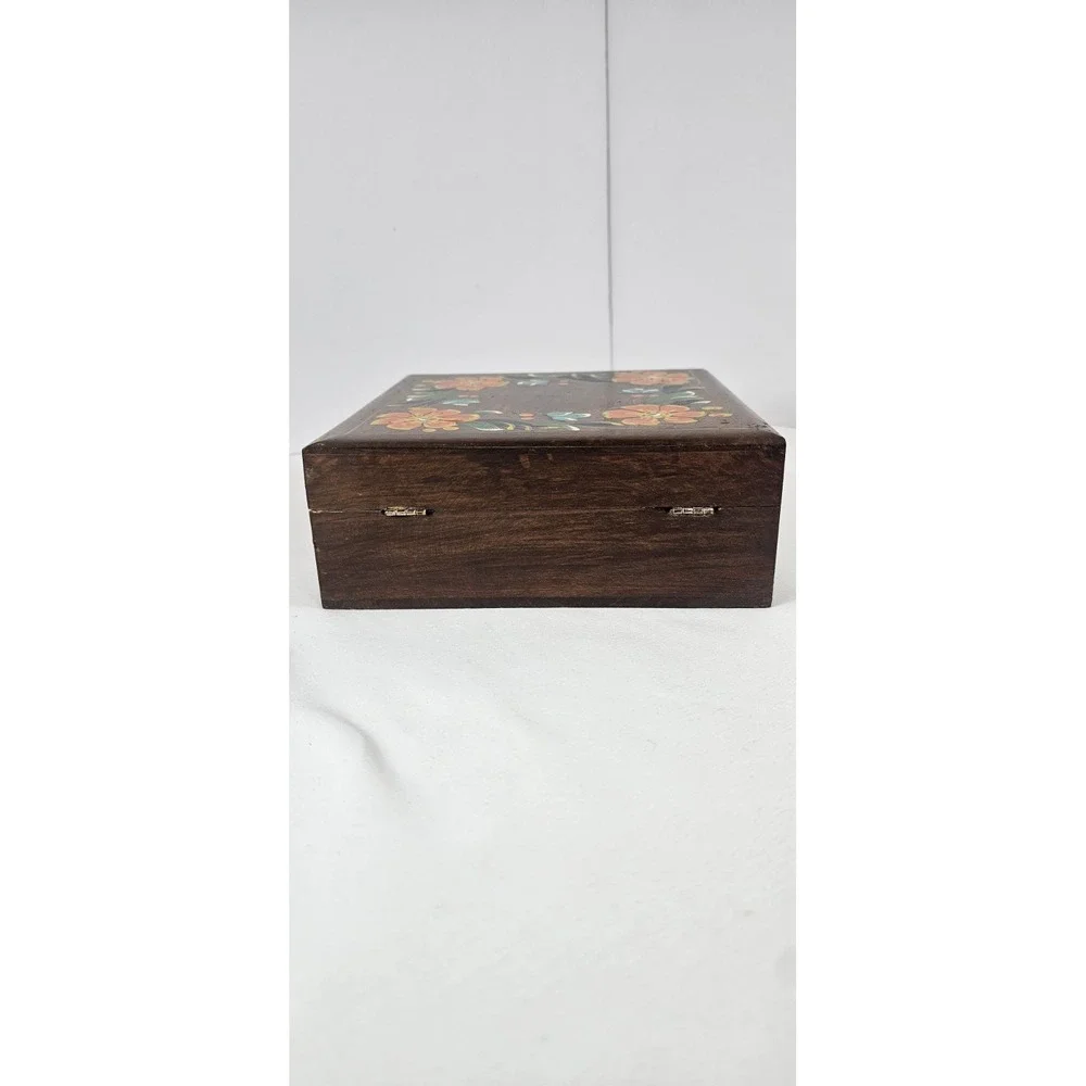 Vintage Hand Painted Wood Trinket Box Floral Folk Art Jewelry Box Hinged Lid